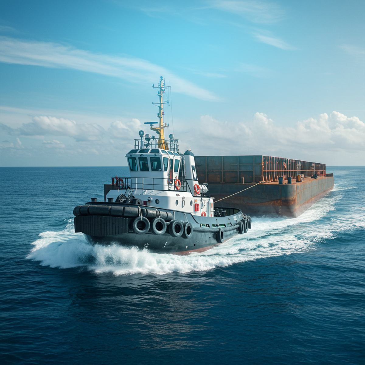 Tug vessel towing a barge at sea